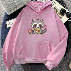 Cute Raccoon Eating Bubble Milk Tea and Pizza Unisex Hoodies-Kawaii Dream