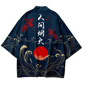 Dark Navy Blood-Red Sun Cranes Unisex Kimono-Kawaii Dream