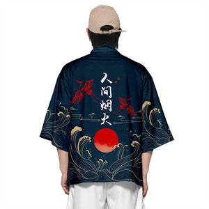 Dark Navy Blood-Red Sun Cranes Unisex Kimono-Kawaii Dream