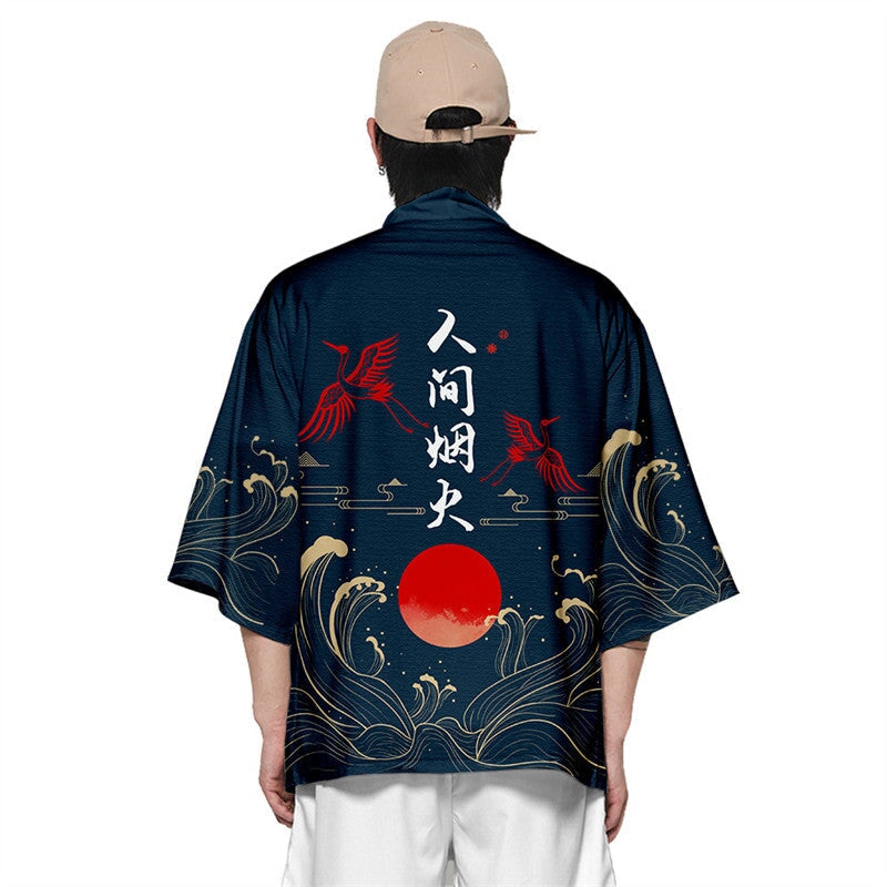 Dark Navy Blood-Red Sun Cranes Unisex Kimono-Kawaii Dream