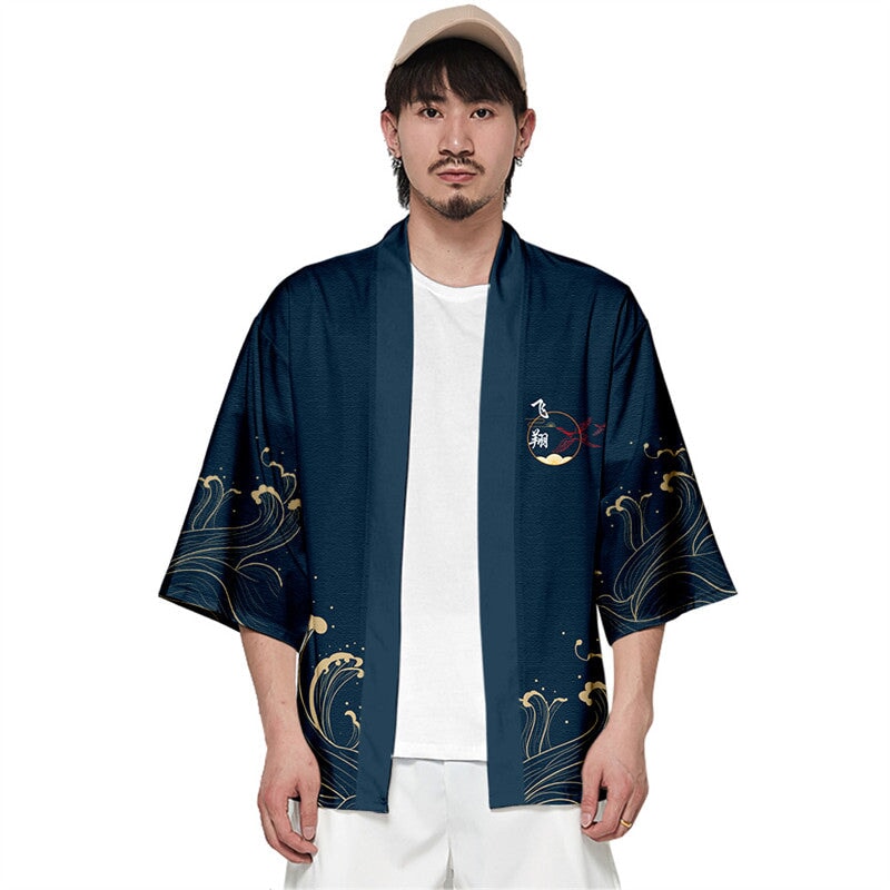 Dark Navy Blood-Red Sun Cranes Unisex Kimono-Kawaii Dream