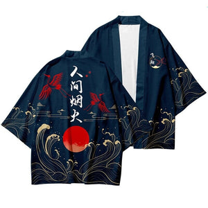 Dark Navy Blood-Red Sun Cranes Unisex Kimono-Kawaii Dream