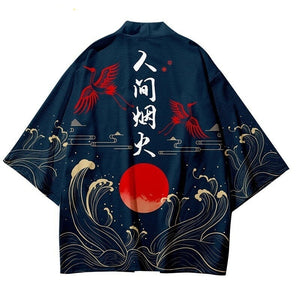 Dark Navy Blood-Red Sun Cranes Unisex Kimono-Kawaii Dream