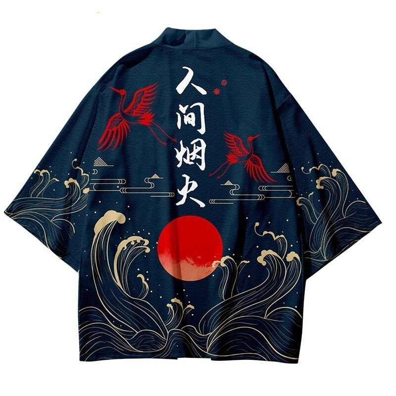 Dark Navy Blood-Red Sun Cranes Unisex Kimono-Kawaii Dream