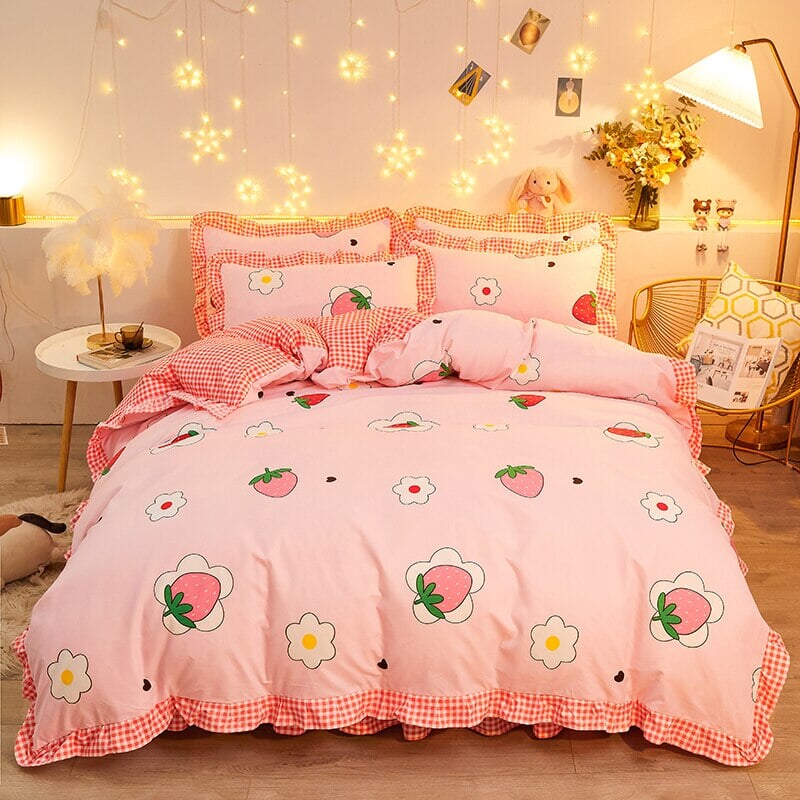 Dreaming Strawberry Kawaii Bedding Set with Bed Sheet-Kawaii Dream