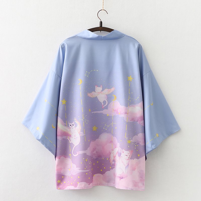 Elegant Sky Clouds Flying Cats Japanese Kimono-Kawaii Dream