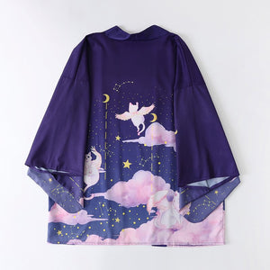 Elegant Sky Clouds Flying Cats Japanese Kimono-Kawaii Dream