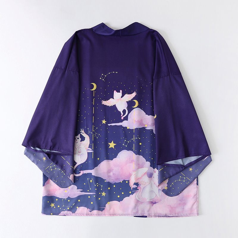 Elegant Sky Clouds Flying Cats Japanese Kimono-Kawaii Dream