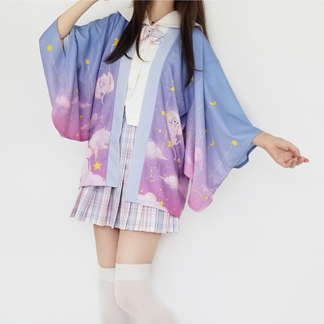 Elegant Sky Clouds Flying Cats Japanese Kimono-Kawaii Dream