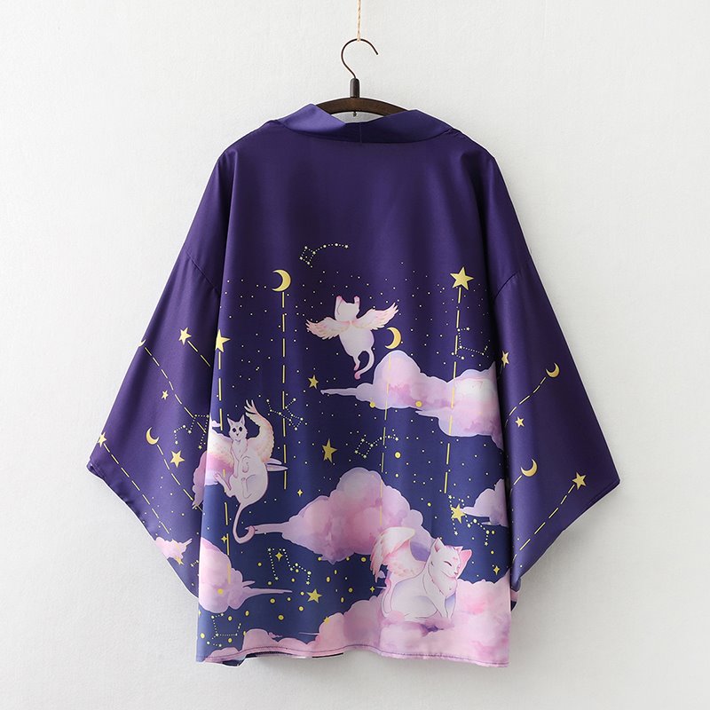 Elegant Sky Clouds Flying Cats Japanese Kimono-Kawaii Dream