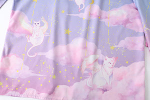 Elegant Sky Clouds Flying Cats Japanese Kimono-Kawaii Dream