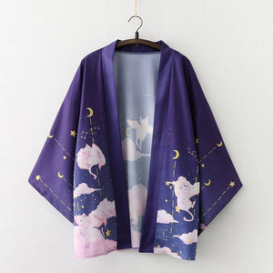 Elegant Sky Clouds Flying Cats Japanese Kimono-Kawaii Dream