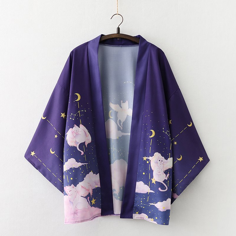 Elegant Sky Clouds Flying Cats Japanese Kimono-Kawaii Dream