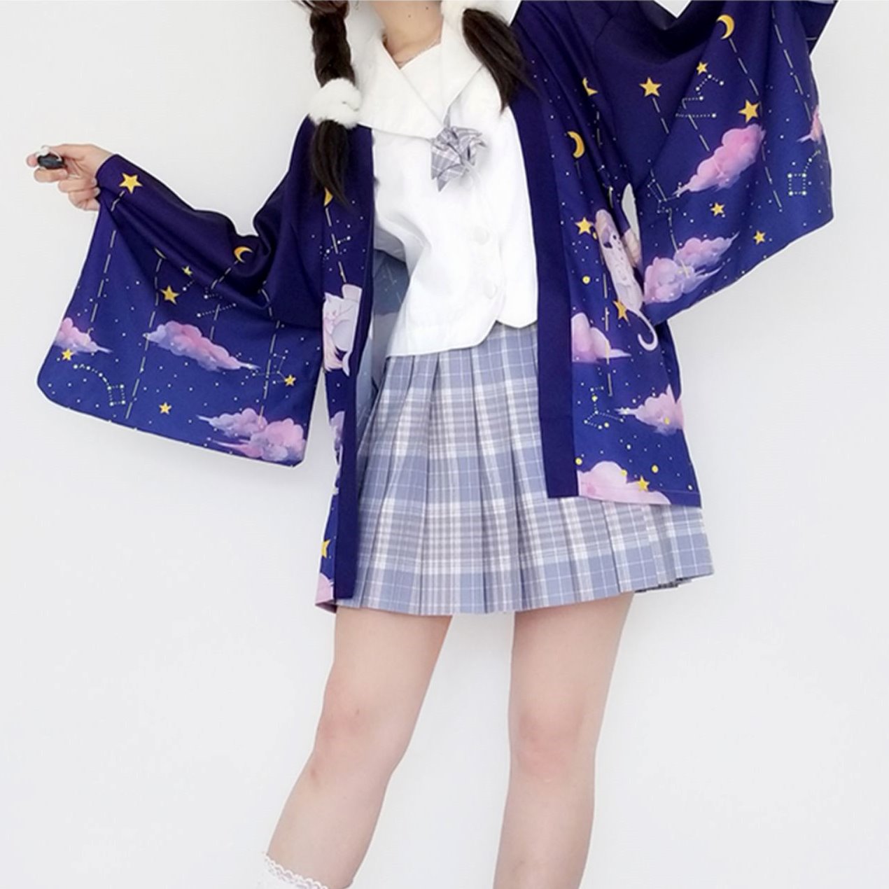 Elegant Sky Clouds Flying Cats Japanese Kimono-Kawaii Dream