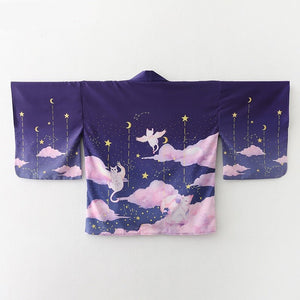 Elegant Sky Clouds Flying Cats Japanese Kimono-Kawaii Dream