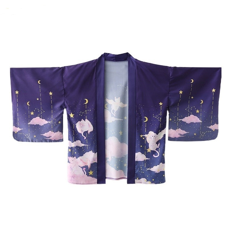 Elegant Sky Clouds Flying Cats Japanese Kimono-Kawaii Dream