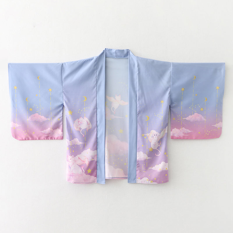 Elegant Sky Clouds Flying Cats Japanese Kimono-Kawaii Dream