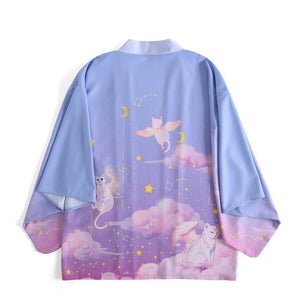 Elegant Sky Clouds Flying Cats Japanese Kimono-Kawaii Dream