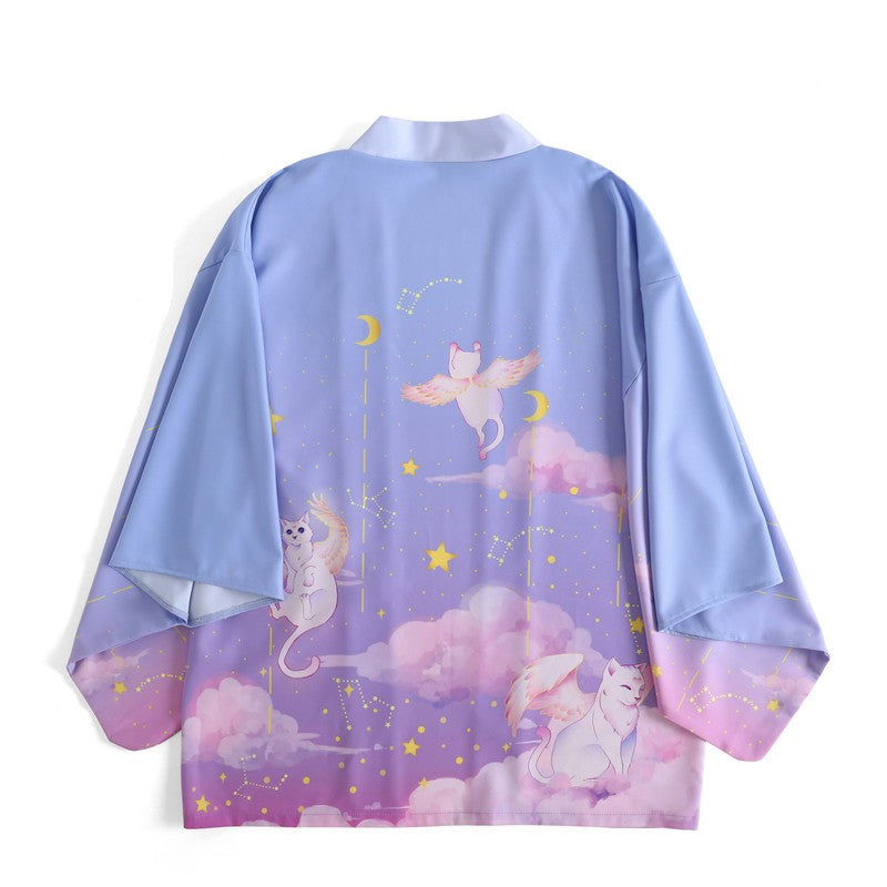 Elegant Sky Clouds Flying Cats Japanese Kimono-Kawaii Dream