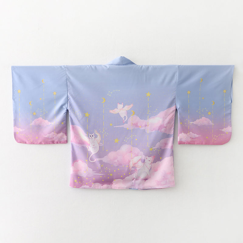 Elegant Sky Clouds Flying Cats Japanese Kimono-Kawaii Dream
