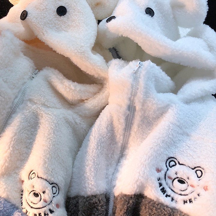 Embroidery Bear Polyester Two-Tone Wool Jacket-Kawaii Dream