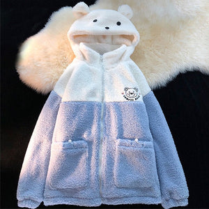 Embroidery Bear Polyester Two-Tone Wool Jacket-Kawaii Dream