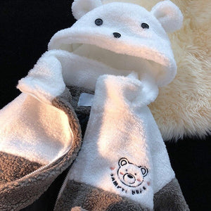 Embroidery Bear Polyester Two-Tone Wool Jacket-Kawaii Dream