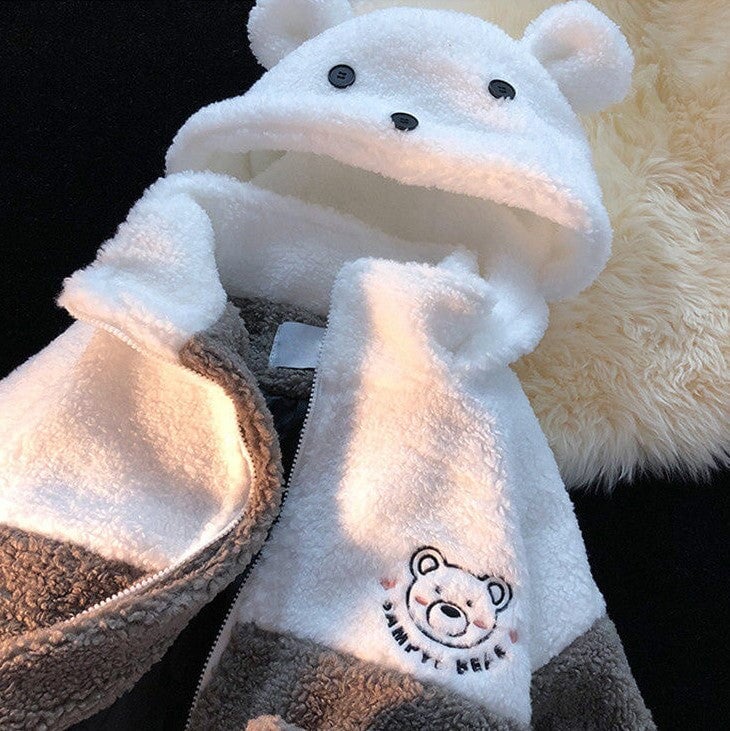 Embroidery Bear Polyester Two-Tone Wool Jacket-Kawaii Dream