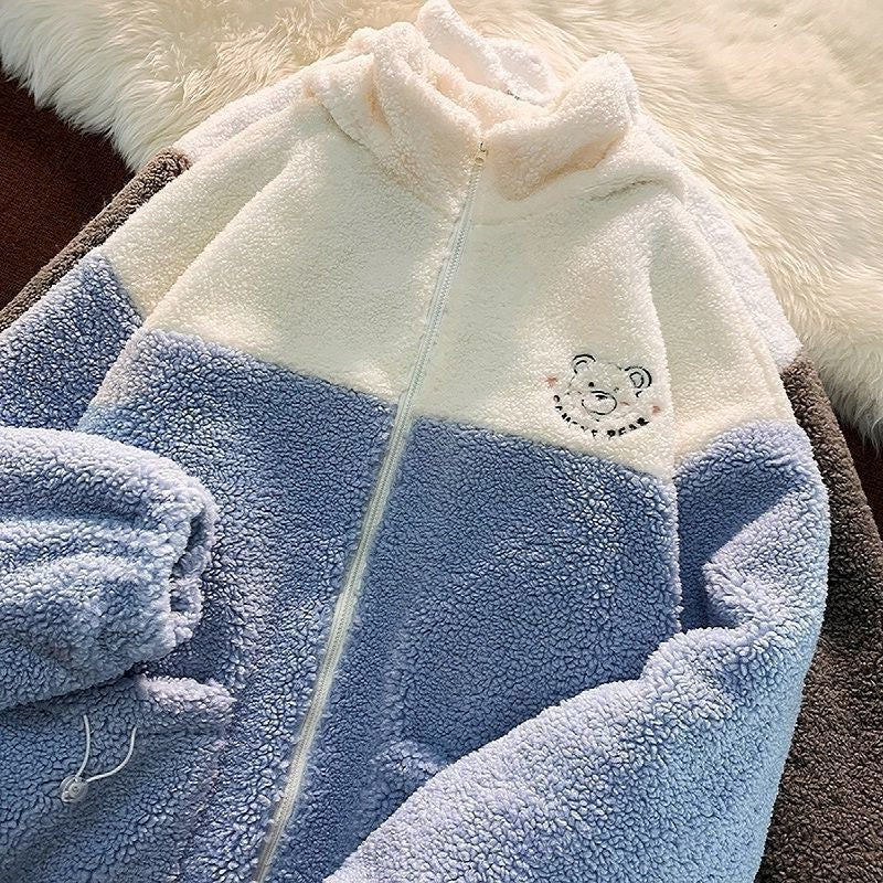 Embroidery Bear Polyester Two-Tone Wool Jacket-Kawaii Dream