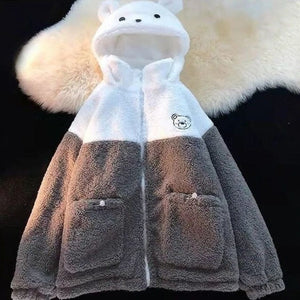 Embroidery Bear Polyester Two-Tone Wool Jacket-Kawaii Dream