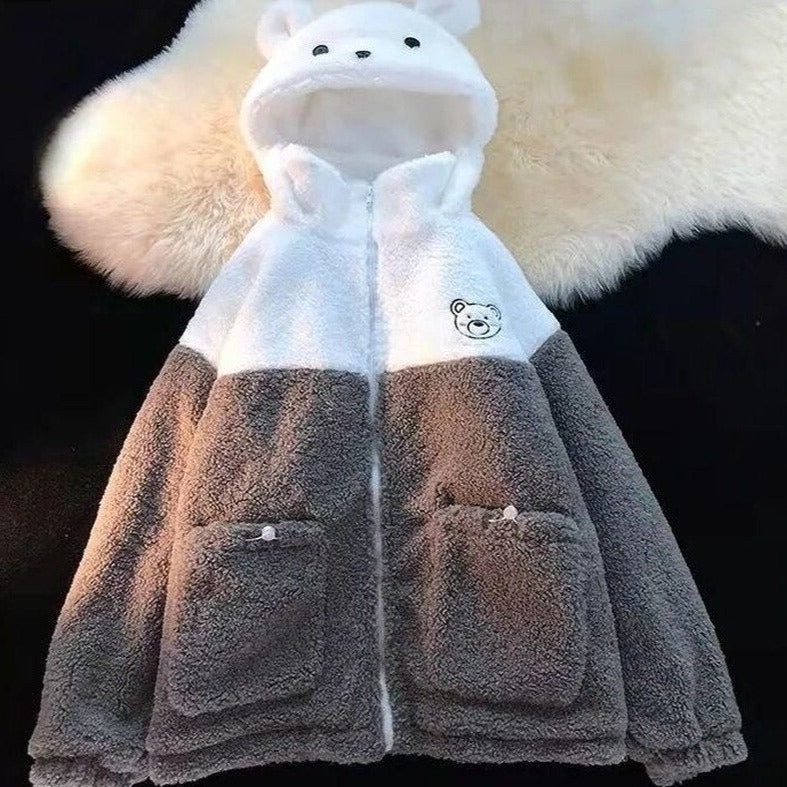 Embroidery Bear Polyester Two-Tone Wool Jacket-Kawaii Dream