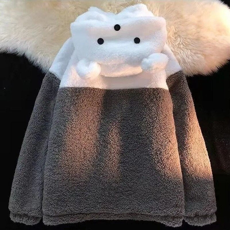 Embroidery Bear Polyester Two-Tone Wool Jacket-Kawaii Dream