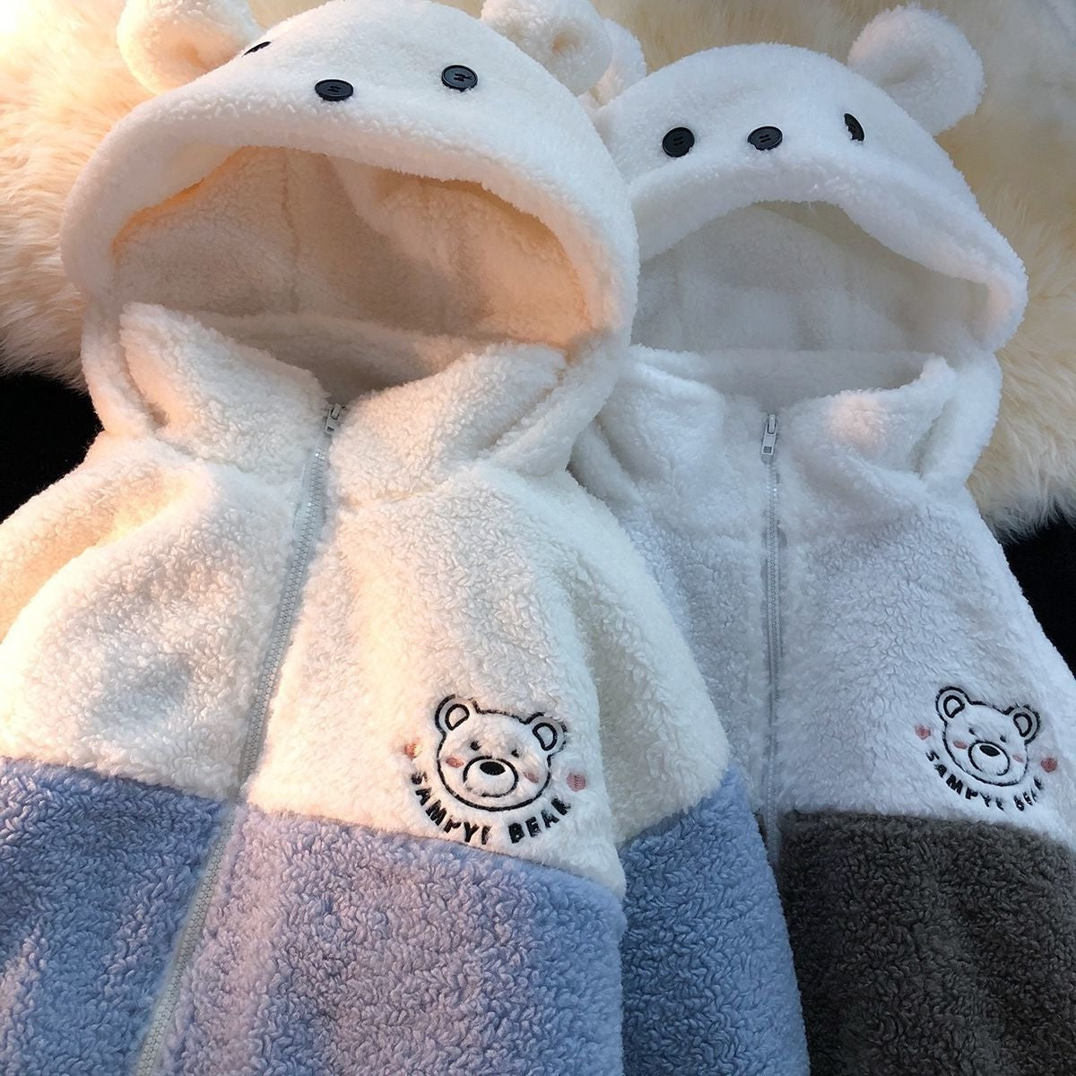 Embroidery Bear Polyester Two-Tone Wool Jacket-Kawaii Dream