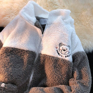 Embroidery Bear Polyester Two-Tone Wool Jacket-Kawaii Dream