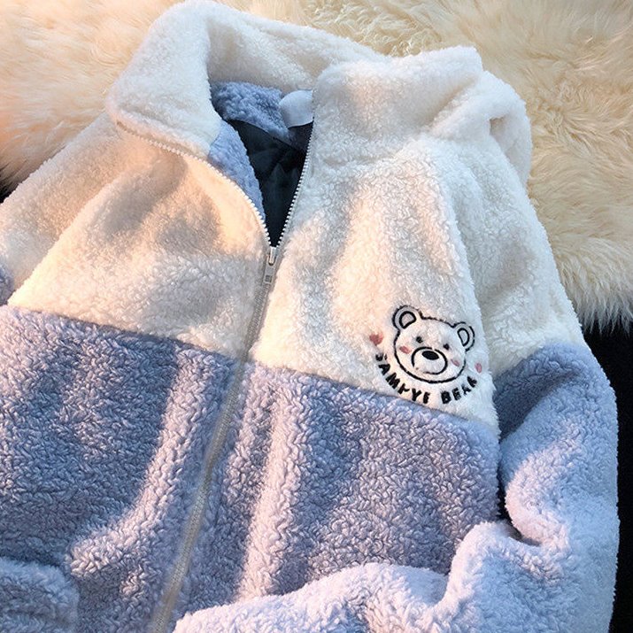 Embroidery Bear Polyester Two-Tone Wool Jacket-Kawaii Dream