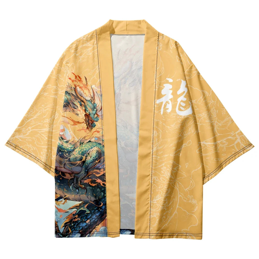 Emerald Flaming Dragon Golden Unisex Kimono-Kawaii Dream