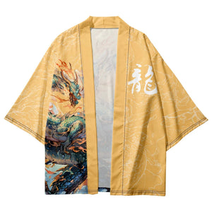 Emerald Flaming Dragon Golden Unisex Kimono-Kawaii Dream