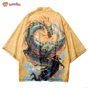 Emerald Flaming Dragon Golden Unisex Kimono-Kawaii Dream