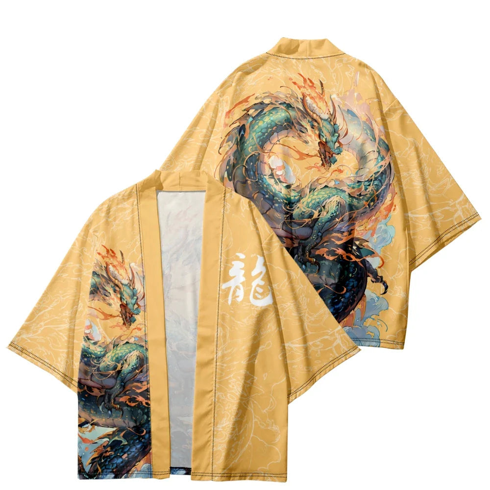 Emerald Flaming Dragon Golden Unisex Kimono-Kawaii Dream