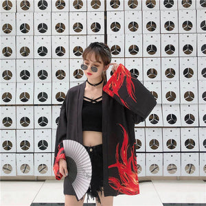 Flaming Red Phoenix Black White Women's Kimono Cardigan-Kawaii Dream