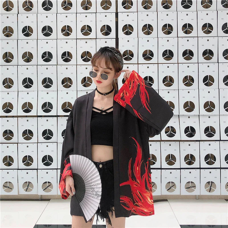 Flaming Red Phoenix Black White Women's Kimono Cardigan-Kawaii Dream