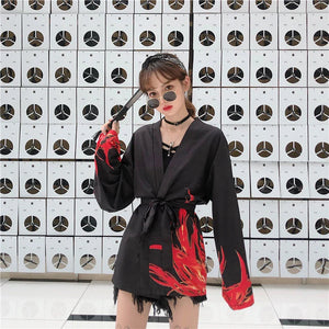 Flaming Red Phoenix Black White Women's Kimono Cardigan-Kawaii Dream