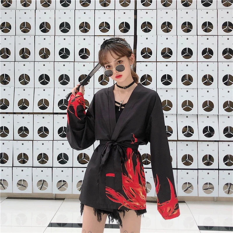 Flaming Red Phoenix Black White Women's Kimono Cardigan-Kawaii Dream