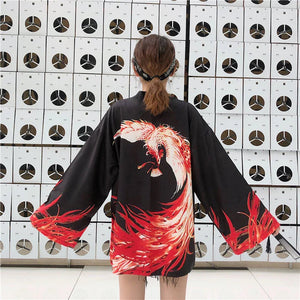 Flaming Red Phoenix Black White Women's Kimono Cardigan-Kawaii Dream