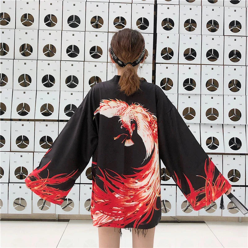Flaming Red Phoenix Black White Women's Kimono Cardigan-Kawaii Dream