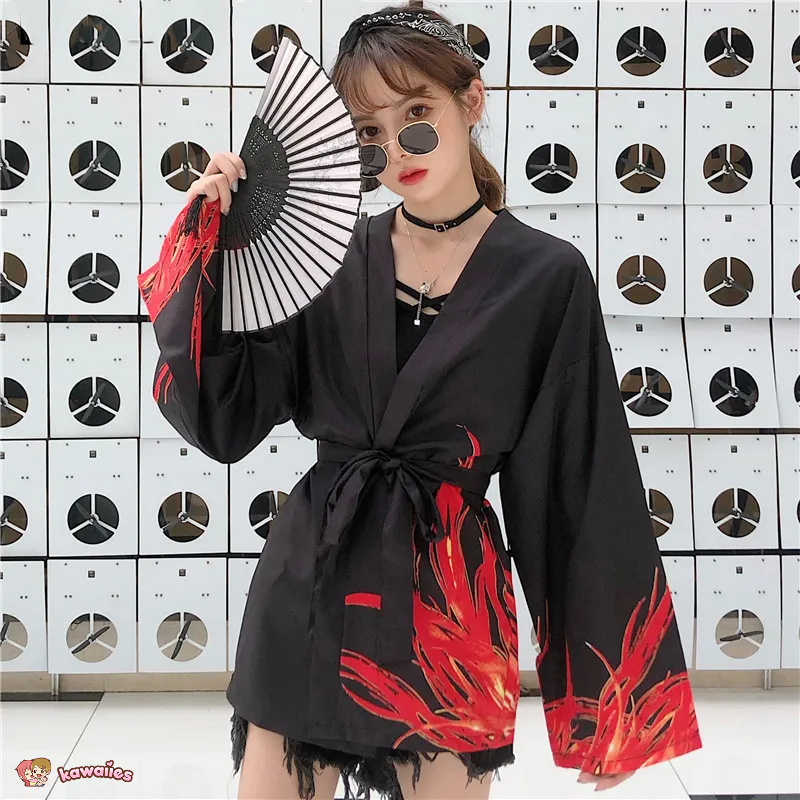 Flaming Red Phoenix Black White Women's Kimono Cardigan-Kawaii Dream