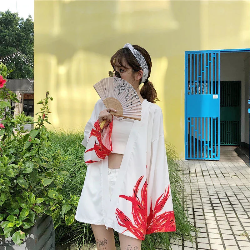 Flaming Red Phoenix Black White Women's Kimono Cardigan-Kawaii Dream