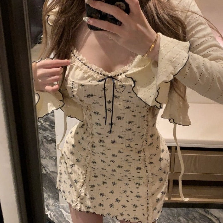 Floral French Vintage Dress Cardigan Set-Kawaii Dream