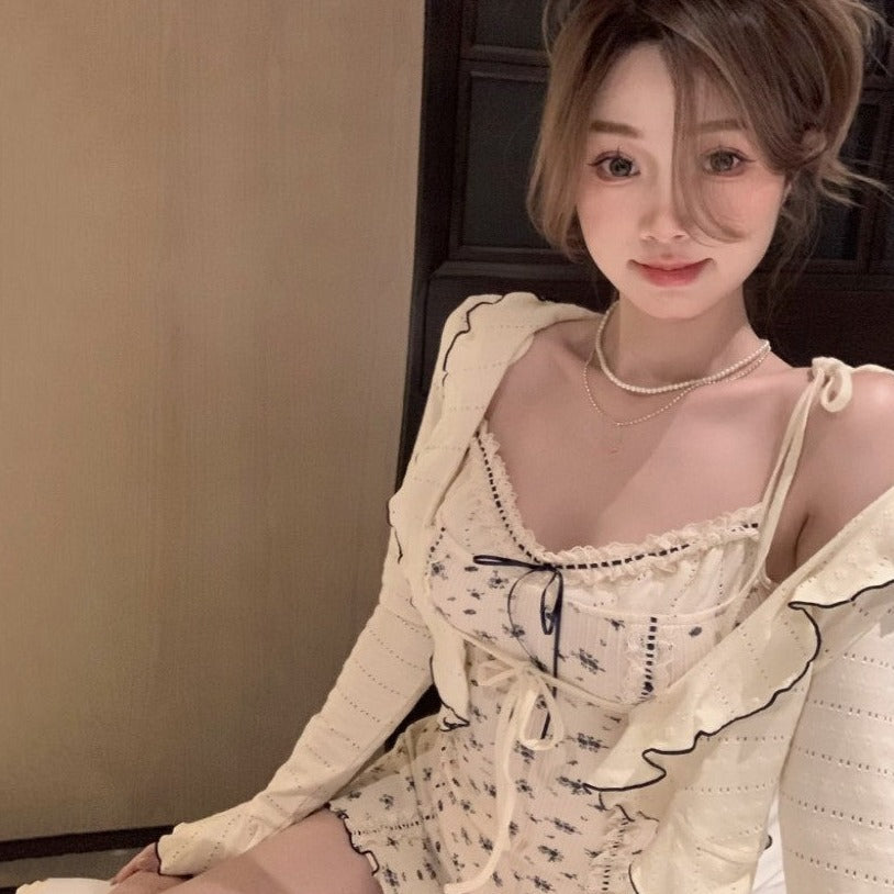 Floral French Vintage Dress Cardigan Set-Kawaii Dream