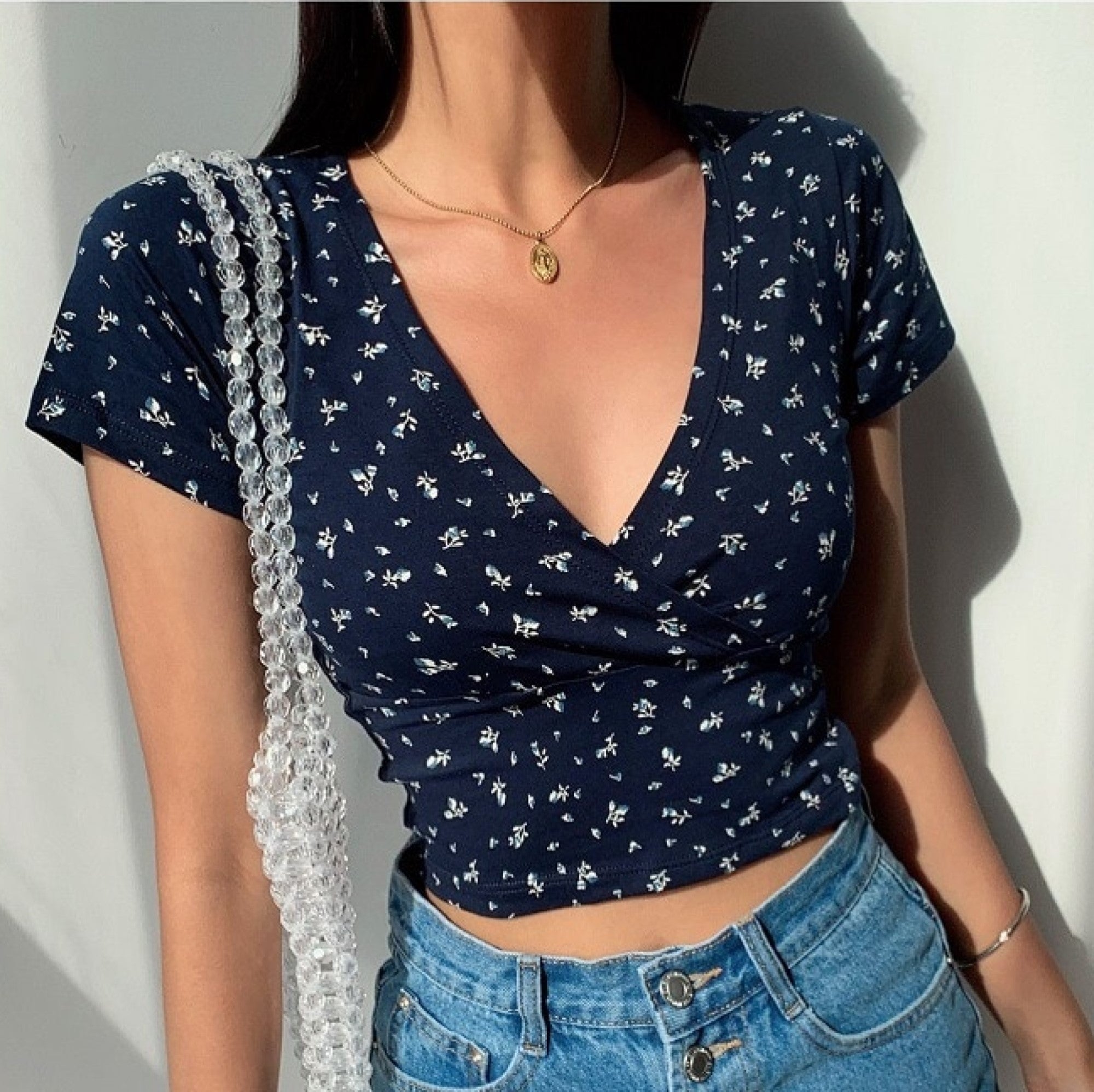 Floral V-Neck Women's Cross Crop Top-Kawaii Dream